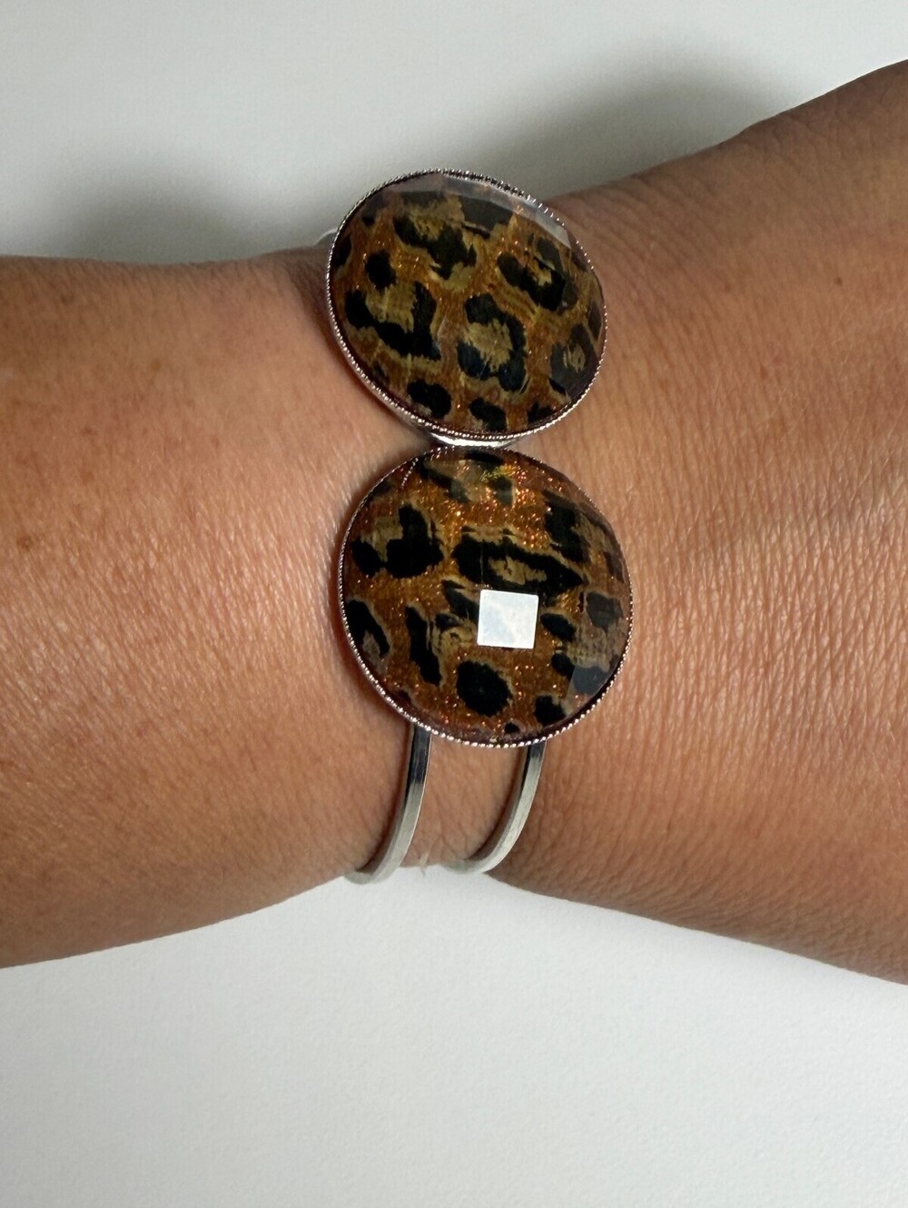 Leopard Print Double Disc Silver Tone Cuff Bracelet